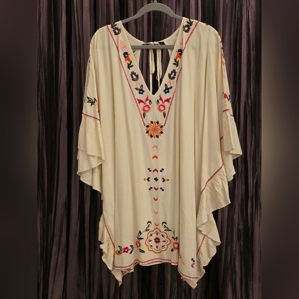 Anthropologie Cream Embroidered V-Neck Tunic with Multicolor Floral Accents